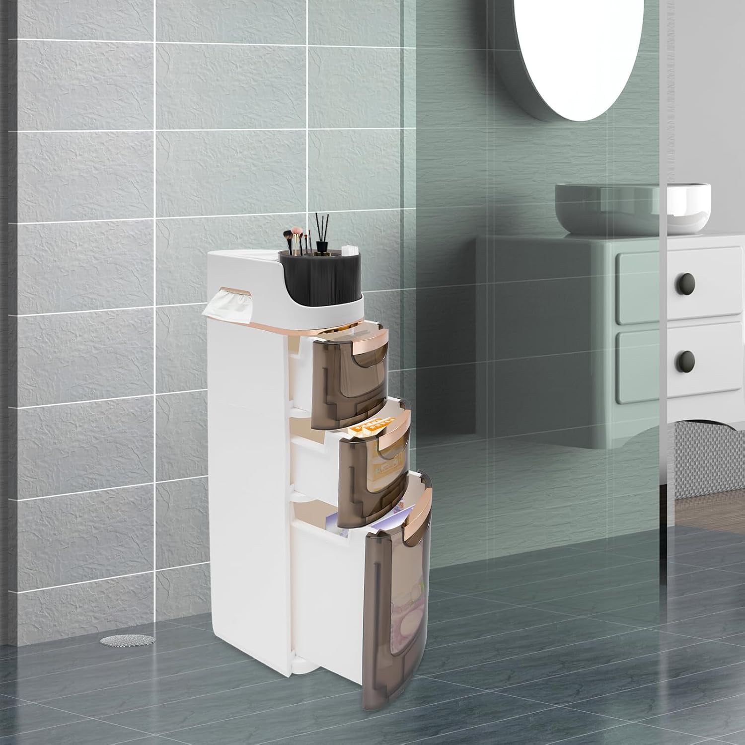 Slim Bathroom Storage Cabinet,Floor Freestanding Rolling Waterproof ...