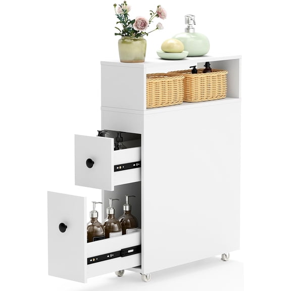 Slim Bathroom Storage Cabinet, Movable Narrow Toilet Side Cabinet w/2 Slide Out Drawers, 2 Rattan Baskets & Shelves, Toilet Paper Holder on Wheels for Small Spaces
