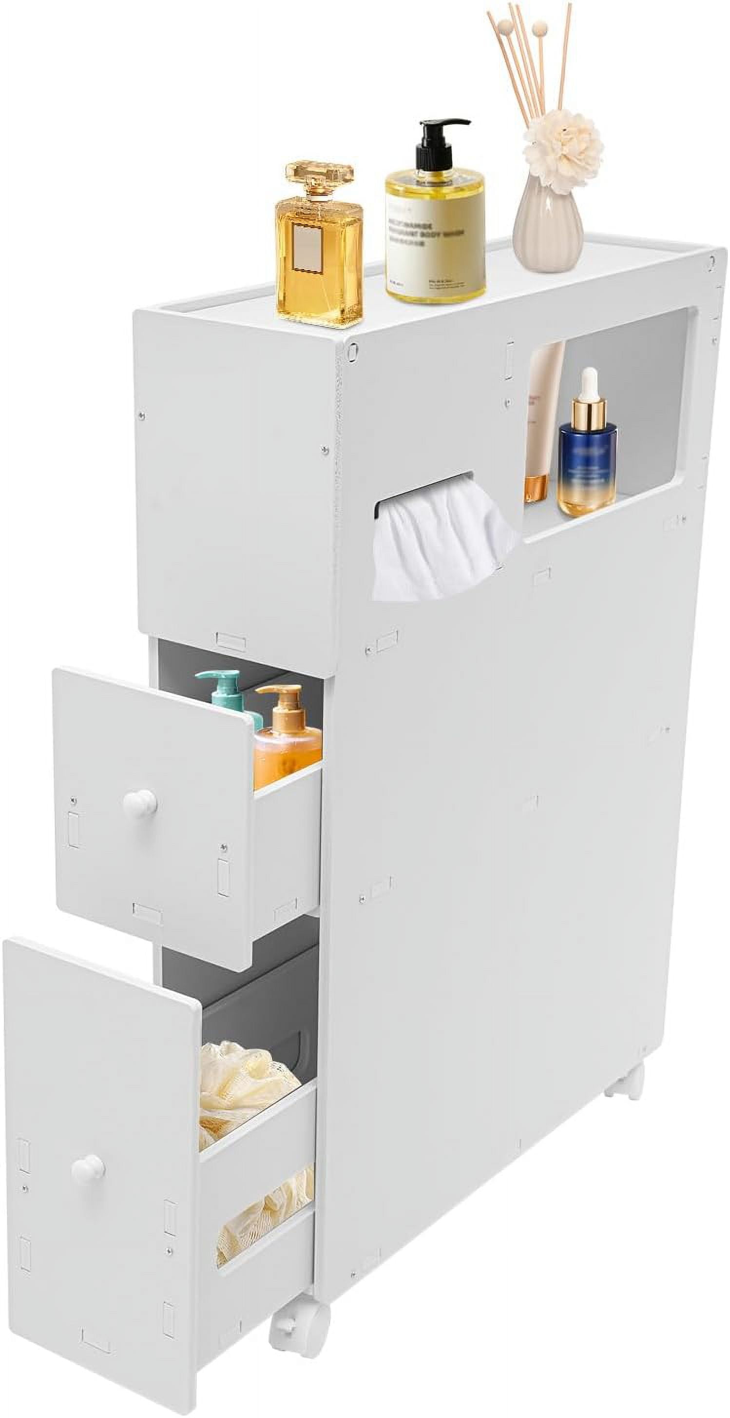 Slim Bathroom Storage Cabinet, Movable Slim Rolling Storage Cart with 2 ...