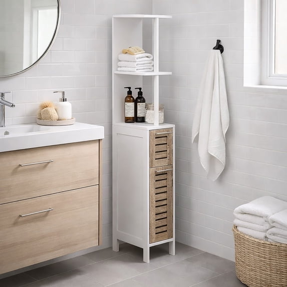 Slim Bathroom Storage Cabinet with Open Shelves and Two Doors, Freestanding Organizer for Compact Spaces, Ideal for Towels, Toiletries, White and Oak Finish – Stockholm Collection