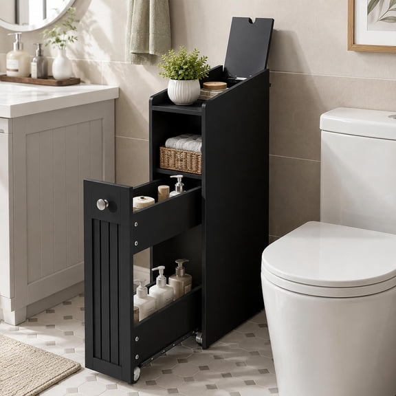 Slim Bathroom Storage Cabinet with Slide Out Drawers Narrow Storage Organizer with Hidden Storage, Freestanding Toilet Paper Holder, Bathroom Cabinet for Small Places, Black