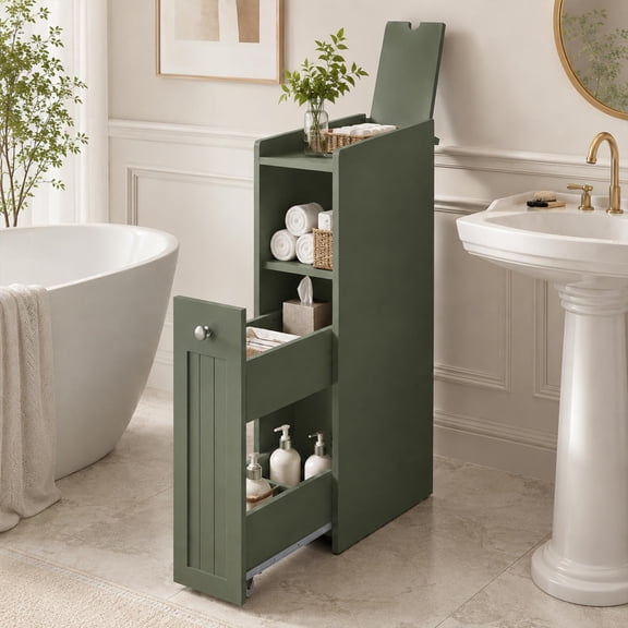 Slim Bathroom Storage Cabinet with Slide Out Drawers Narrow Storage Organizer with Hidden Storage, Freestanding Toilet Paper Holder, Bathroom Cabinet for Small Places, Green