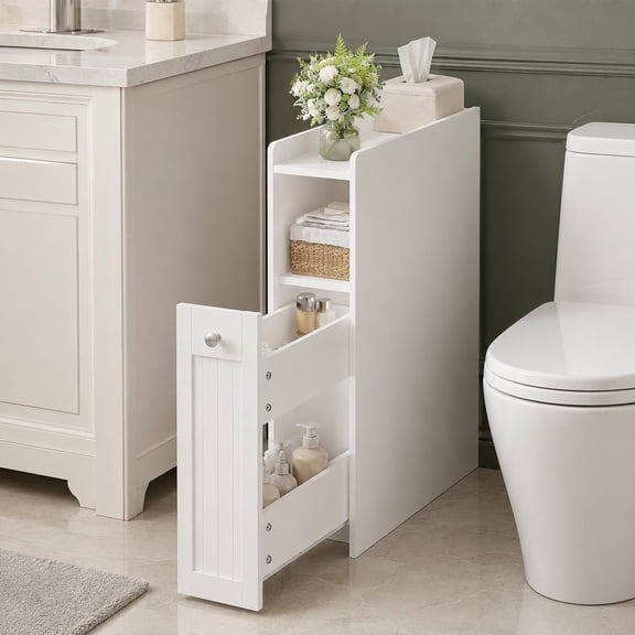 Slim Bathroom Storage Cabinet with Slide Out Drawers Narrow Storage Organizer with Hidden Storage, Freestanding Toilet Paper Holder, Bathroom Cabinet for Small Places, White