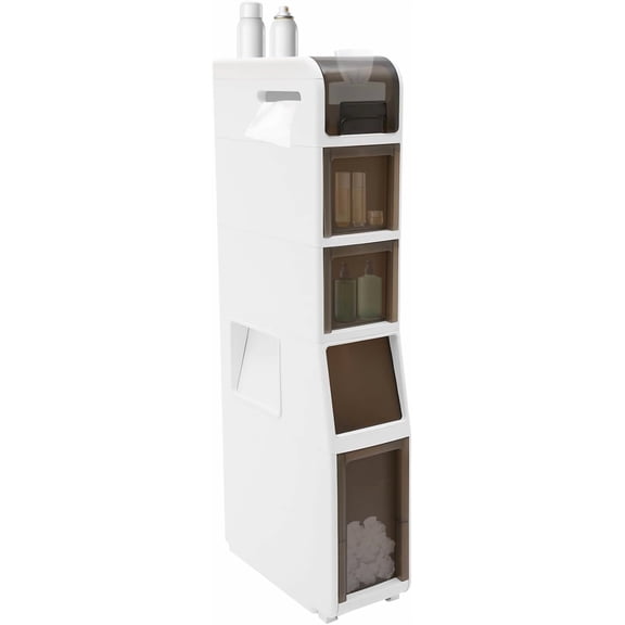 Slim Bathroom Storage Cabinet with Trash Can, Narrow Movable Waterproof Bathroom Floor Cabinet with Toilet Paper Holder for Bathrooms Toilet (15.1 * 6.9 * 37.8in)