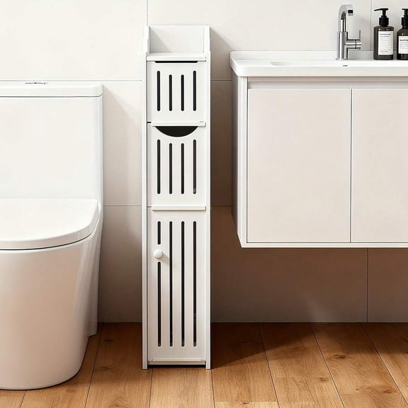 Slim Bathroom Storage Organizer Cabinet, Multi-Functional PVC Toilet Paper & Bathroom Supplies Storage Unit for Small Spaces