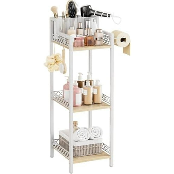 Slim Bathroom Storage Shelf Unit, 3 Tier Corner Storage, Rustic Makeup Organizer, Space-Saving Floor Standing Storage Shelves for Bathroom, Vanity,Kitchen, Laundry 9.85im Matte White