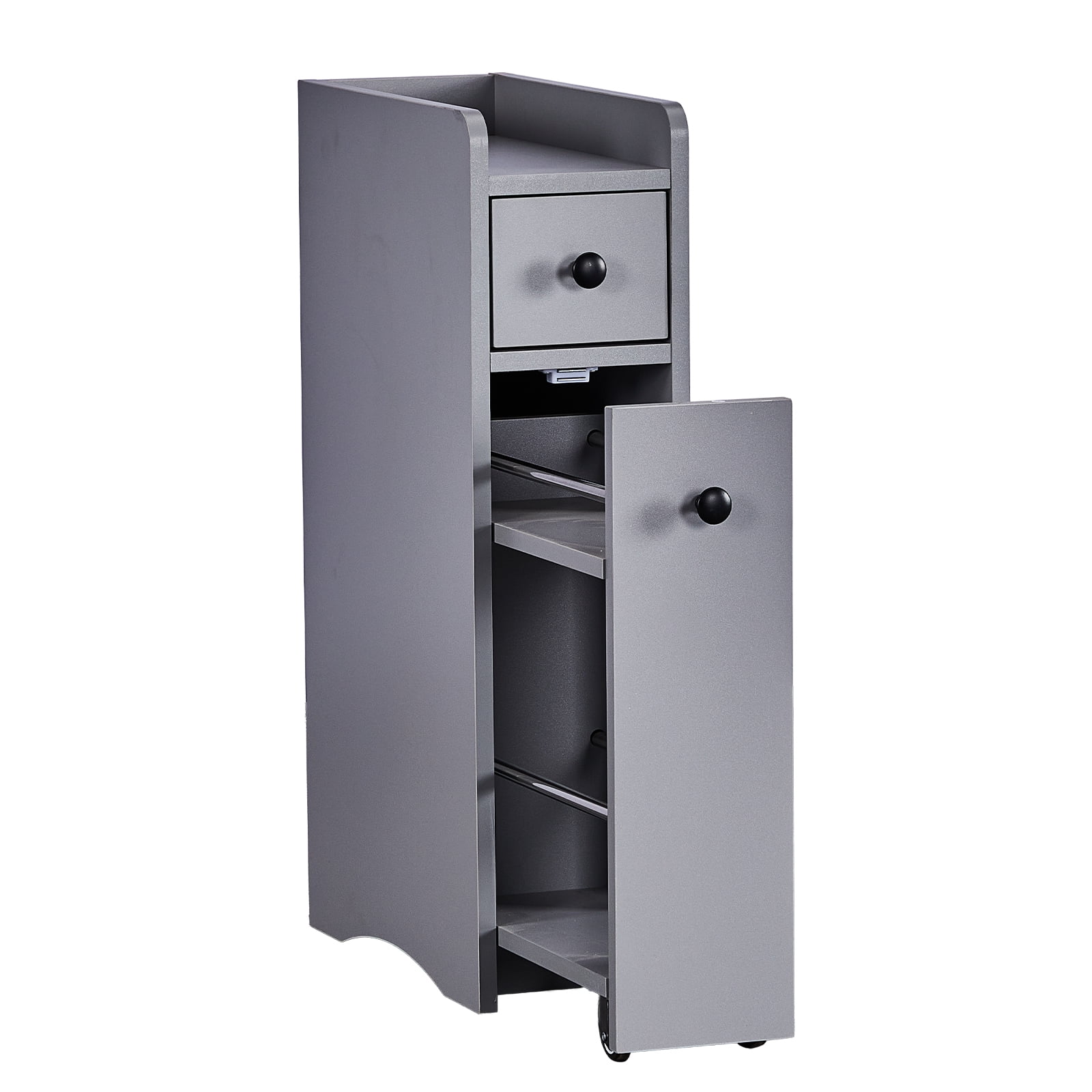 Slim Bathroom Tall Cabinet 18cm Width with 2 Drawers, Pull-Out Wheeled Rack & Guarded Bottom Shelf Moisture-Resistant Melamine for Toilet Sink Washing Machine Narrow Spaces