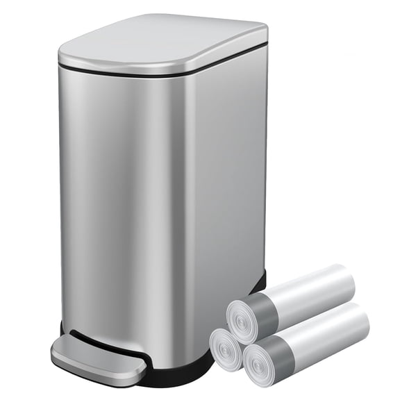 Slim Bathroom Trash Can with Lid, 2.6 Gallon (10 L) Stainless Steel Step Small Garbage Can with Removable Inner Bucket, Soft Close, Anti-Fingerprint Finish (Silver)