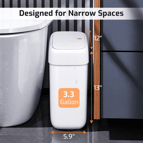 Slim Bathroom Trash Can with Lid, Narrow Waste Basket for Small Spaces, 3.3 Gallon Plastic Garbage Can with Press-Lock Cover, Fits Beside Toilet, Cabinet and Tight Spaces