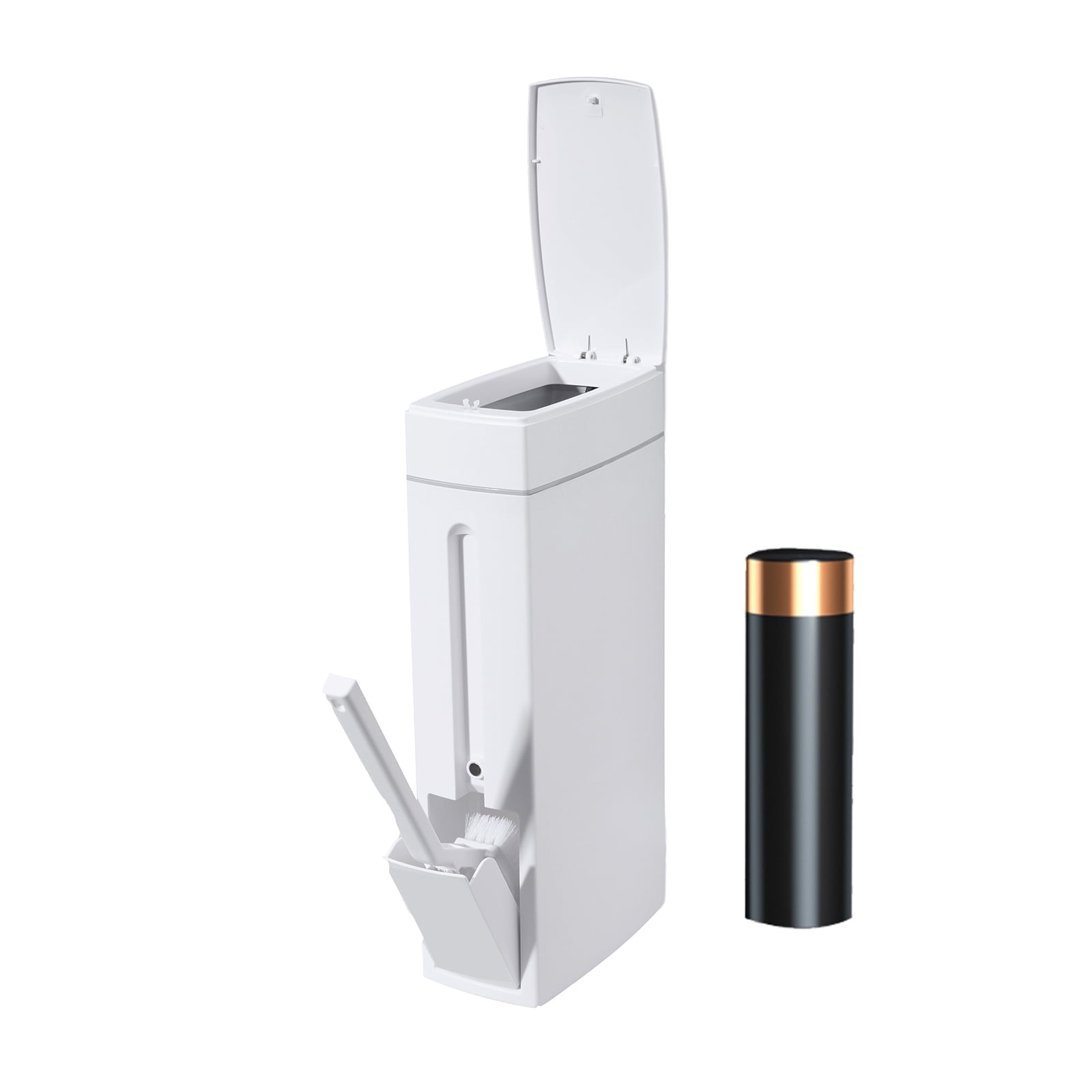 Slim Bathroom Trash Can with Lid,Small Bathroom Garbage Bin with Toilet Brush and Holder Set 4.5 Liter / 1.2 Gallon Dog Proof White Trash Can with Pop-Up Lid for Toilet, RVs