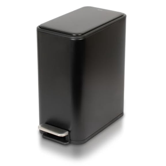 Slim Bathroom Trash Can - Small Garbage Pail with Soft Close Lid Step Foot Pedal Narrow Black Metal Waste Basket with Removable Inner Bucket 2.6 Gallon