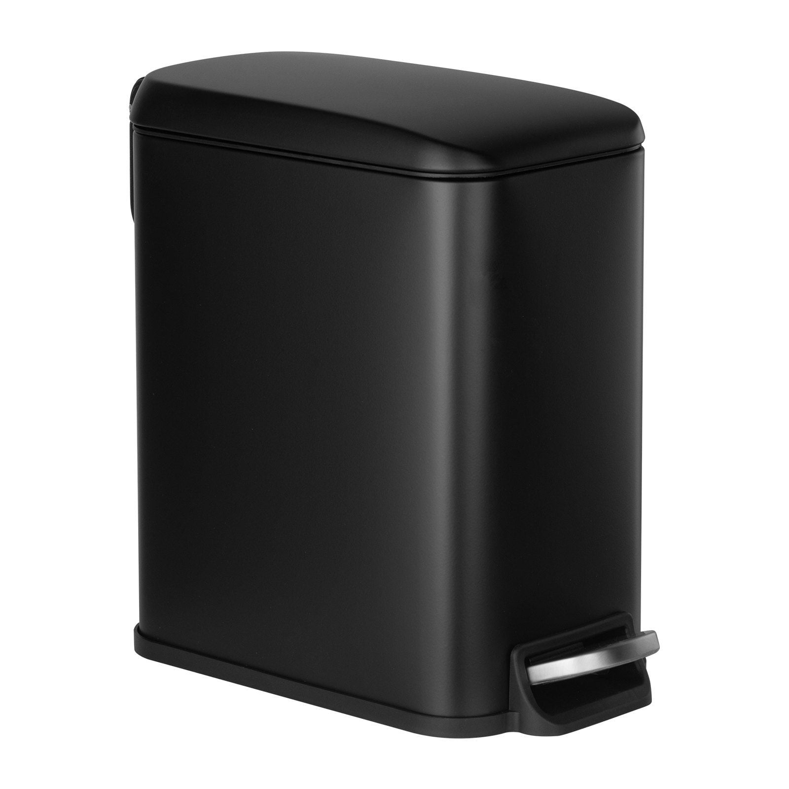 Slim Bathroom Trash Can with Step Pedal and Soft Close Lid, 6L Capacity, Detachable Inner Bin, Space-Saving Steel Garbage Can for Bathroom, Bedroom, Kitchen, Dorm, or Office Use, Black