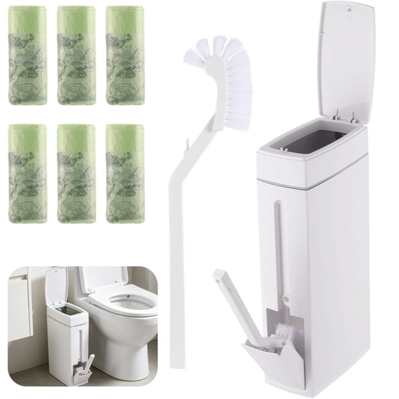 Slim Bathroom Trash Can with Toilet Brush, 4L Narrow Garbage Bin with 60 Bags, Integrated Toilet Brush Holder Set for RV Powder Room, Space-Saving Waste Basket for Small Gaps