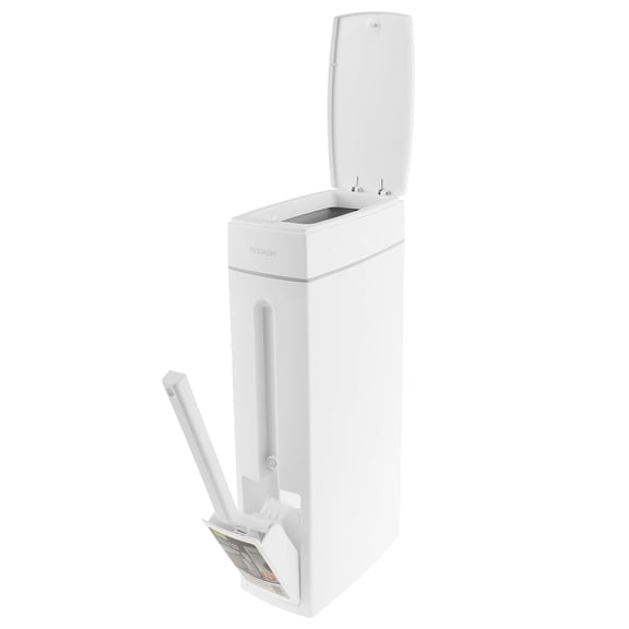 Slim Bathroom Trash Can with Integrated Toilet Brush Holder, Press-Lid Design, Modern White Rectangular Bin for Small Spaces
