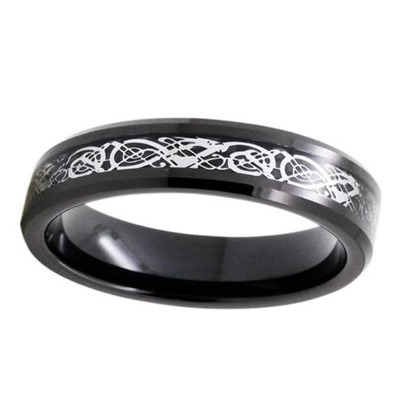 Slim Beveled Silver Dragon Tungsten Wedding Ring
