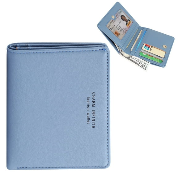 Slim Bifold Leather Wallet for Women, Credit Card Holder, Ladies Genuine Leather Zipper Pocket Purse with ID Window, Blue/Grey