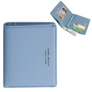 Slim Bifold Leather Wallet for Women, TSV Credit Card Holder, Ladies Zipper Pocket Purse with ID Window, Blue/Grey