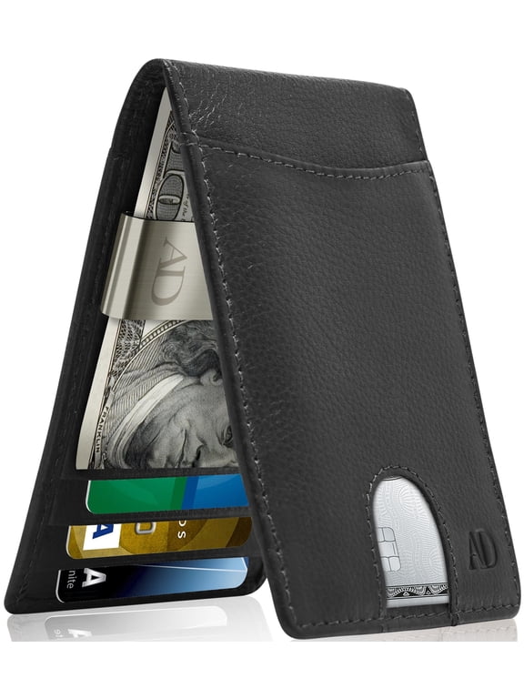 Slim Leather Wallet for Men – RFID Blocking Minimalist Front Pocket Wallet with Money Clip – Genuine Leather Bifold Card Holder – Gift-Ready