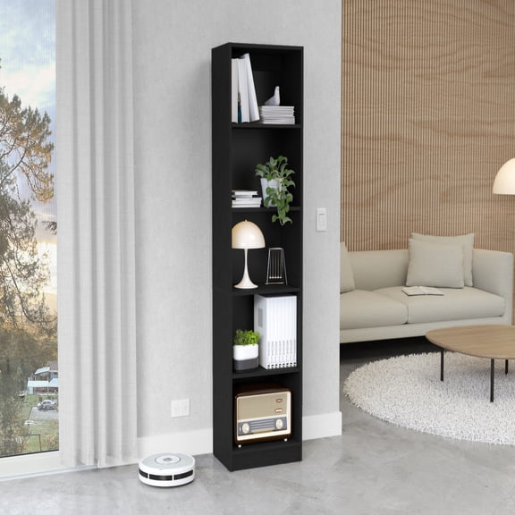 Slim Black Bookcase for Tight Spots / Ample Storage, Easy Installation