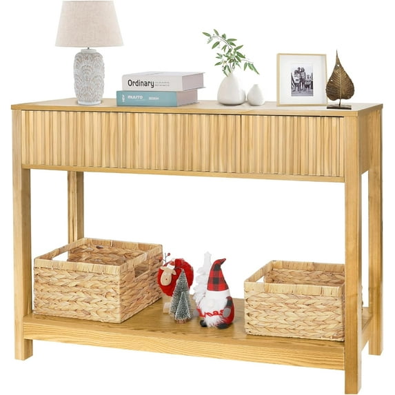 Slim Black Console Table with Storage - Fluted Narrow Foyer Table, Perfect for Entryway or Behind Couch