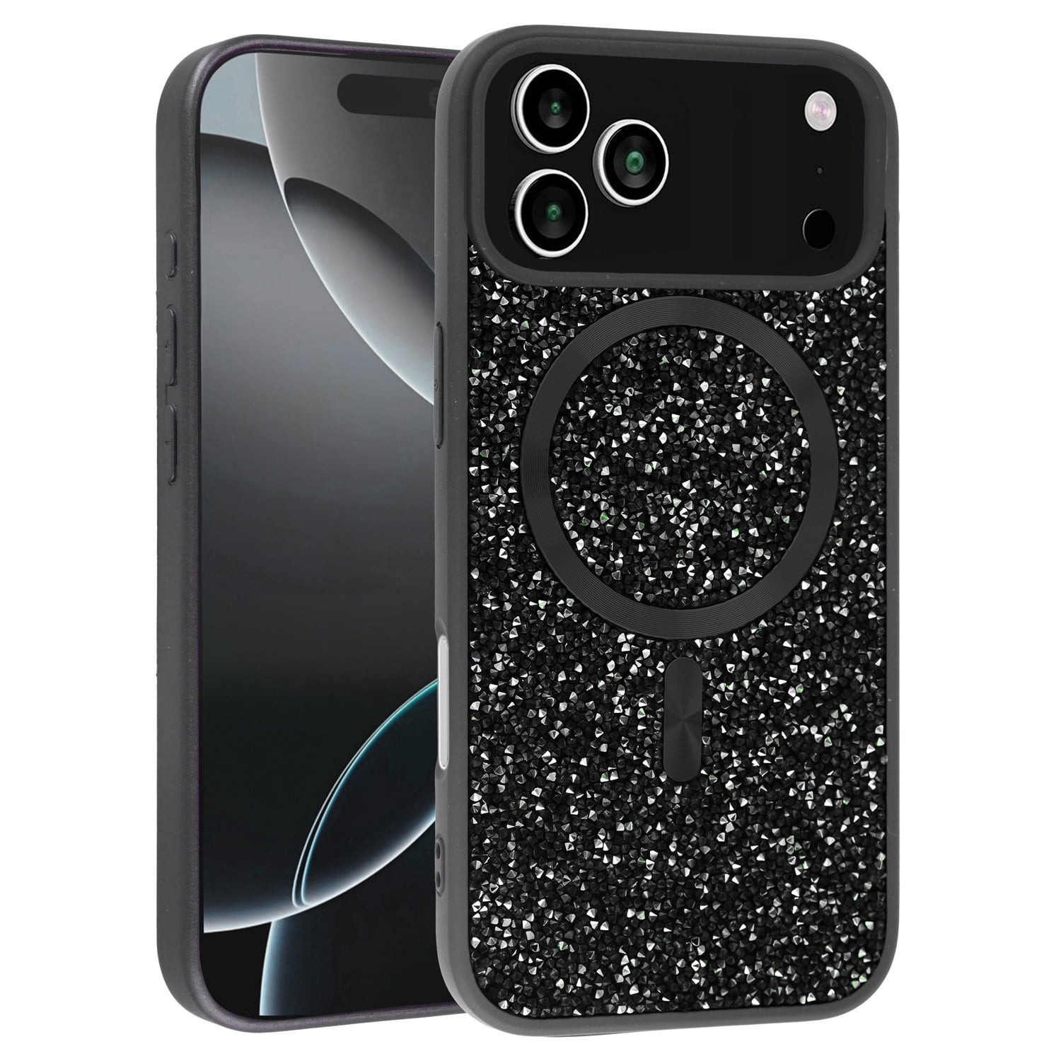 Slim Bling Diamond Crystal Case with Wireless Charging for iPhone 17 Pro Max - Black