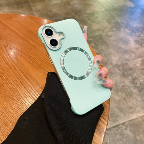 Slim Borderless for iPhone 16 Magnetic Phone Case Ultra-Thin Lightweight Frameless PU Leather Hard PC Cover Case Shockproof Non Slip Anti-fall,Suppor Wireless Charging,Mint