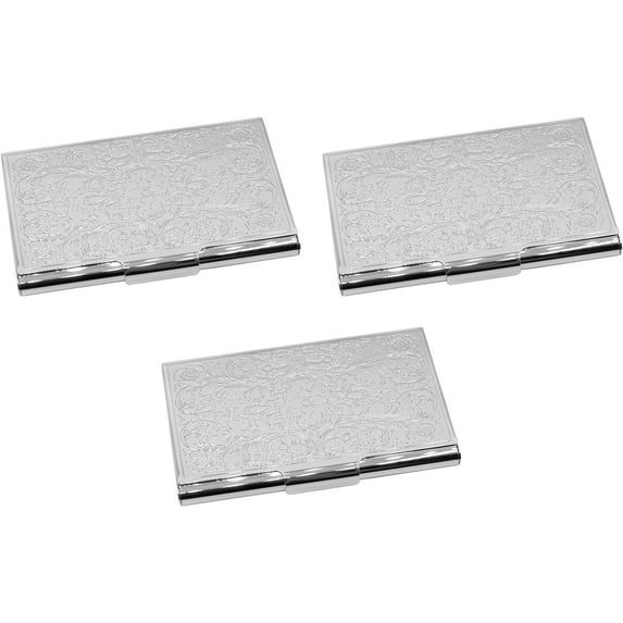 Set of 3 Slim Metal Business Card Case Holders (Silver Floral)