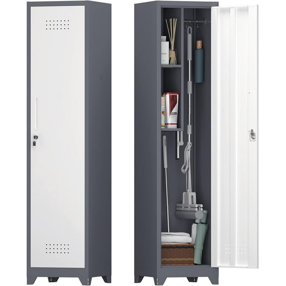Slim Cabinet,Narrow Broom Closet Storage Cabinets with Doors,Narrow Utility Closet with Hanging Rod,Slim Laundry Storage Cabinet for Garage,Living Room,Grey-White