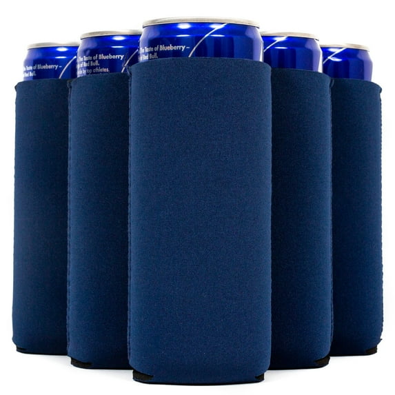 Slim Can Cooler Sleeves, Navy Blue Skinny 12 oz Tall Neoprene 4mm Thickness - Set of 12
