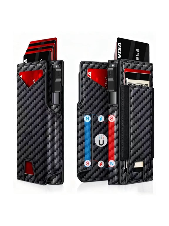 Slim Carbon Fiber Bifold Wallet for Men - Features RFID Blocking a Quick-Access Pop-up Card Holder Money Clip and Magnetic Closure Holds 10-15 Cards and Cash Perfect Men's Gift