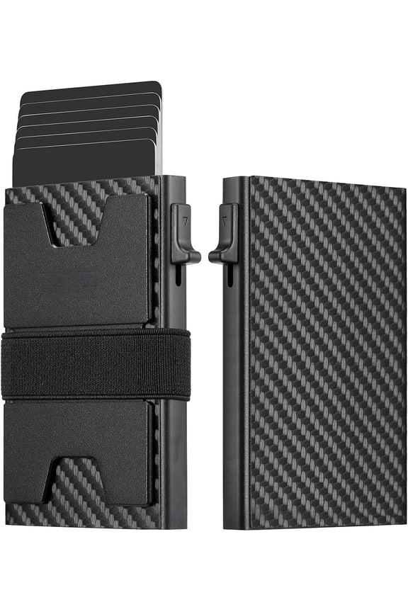 Slim Card Holder Wallet for Men, Durable Expandable Backplate, RFID Blocking Minimalist Metal Pop Up Wallet, Holds 12+ Cards Plus (Carbon fiber Black)