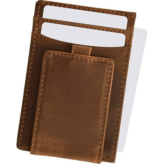 Slim Card Holder Wallet With a Powerful Magnetic Money Clip & RFID Blocking. This Pocket Clip Wallet is Made Out Of Full Grain Genuine Leather - Crazy Horse Chestnut