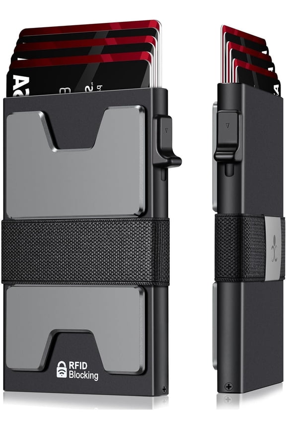 Slim  Card Holder Wallet for Men, Durable Expandable Backplate, RFID Blocking Minimalist Metal Pop Up Wallet, Holds 12+ Cards Plus