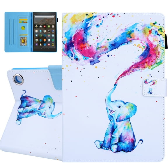 Slim Case for All-New Amazon Fire HD 8 2020/HD 8 Plus Tablet (10th Generation - 2020 Release) - Allytech Protective PU Leather Multi-Angle Stand Auto Sleep/Wake Flip Cover Case,Colorful Elephant