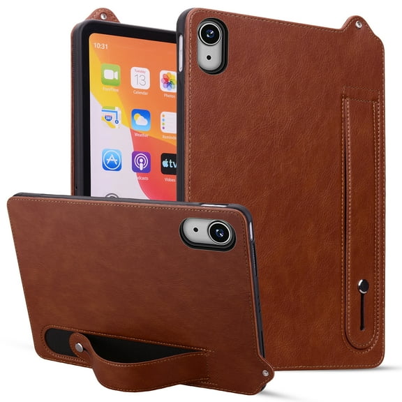 Slim Case for Apple iPad 9th/8th/7th Generation 10.2" 2021/2020/2019, PU Leather Lightweight Hand Strap Stand Feature Drop Protection Back Cover for iPad 10.2" 9th 8th 7th Gen, Brown