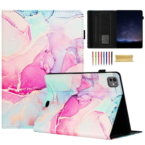 Slim Case for Apple iPad Pro 11 Inch 2022/2021/2020/2018, iPad Air 4 5 Case,Marble Series Smart Cover Auto Sleep Wake Drop Protection Multi Angle Viewing Stand Elastic Band Flip Cover, Pink