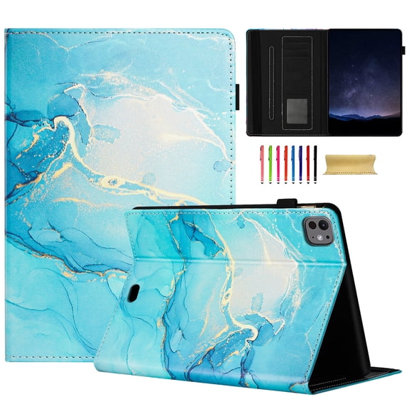Slim Case for Apple iPad Pro 11 Inch 2022/2021/2020/2018, iPad Air 4 5 Case,Marble Series Smart Cover Auto Sleep Wake Drop Protection Multi Angle Viewing Stand Elastic Band Flip Cover, Blue