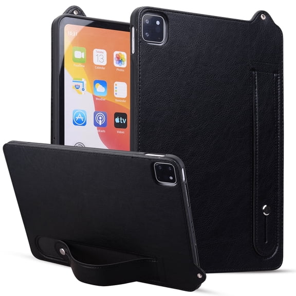 Slim Case for Apple iPad Pro 11 Inch M4 2024, PU Leather Lightweight Hand Strap Stand Feature Drop Protection Back Cover for iPad Pro 11" 2024 5th Generation, Black