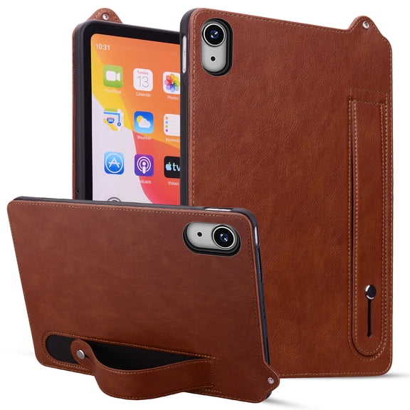 Slim Case for Apple iPad mini 6th Gen/ iPad mini 7th Gen 8.3", PU Leather Lightweight Hand Strap Stand Feature Drop Protection Back Cover for iPad Mini 6 7 2024/2021, Brown