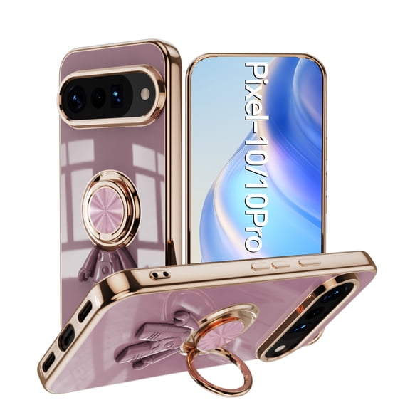 Slim Case for Google Pixel 10 /10 Pro,Cute Cartoon 6D Plating Astronaut Hidden Magnetic Ring Kickstand Soft TPU Shockproof Corner Protection Drop Proof Electroplated Edge Bumper Cover,Purple