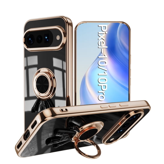 Slim Case for Google Pixel 10 /10 Pro,Cute Cartoon 6D Plating Astronaut Hidden Magnetic Ring Kickstand Soft TPU Shockproof Corner Protection Drop Proof Electroplated Edge Bumper Cover,Black