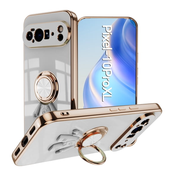 Slim Case for Google Pixel 10 Pro XL,Cute Cartoon 6D Plating Astronaut Hidden Magnetic Ring Kickstand Soft TPU Shockproof Corner Protection Drop Proof Electroplated Edge Bumper Cover,White
