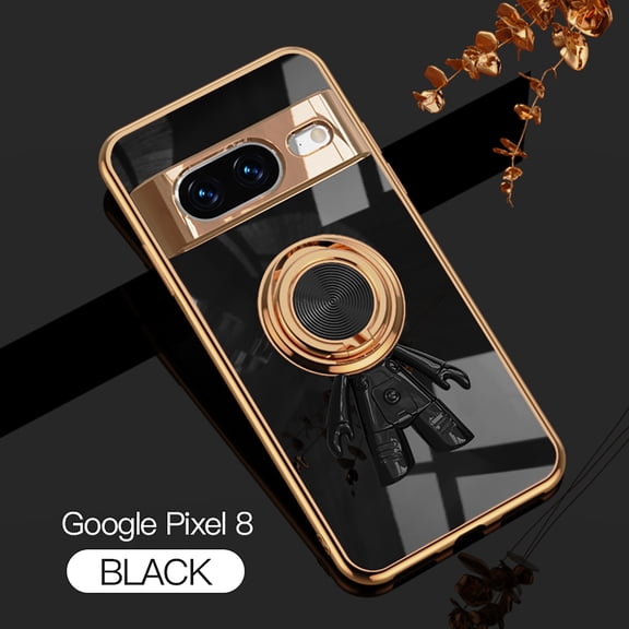 Slim Case for Google Pixel 8,Cute Cartoon 6D Plating Astronaut Hidden Magnetic Ring Kickstand Soft TPU Shockproof Corner Protection Drop Proof Electroplated Edge Bumper Cover,Black