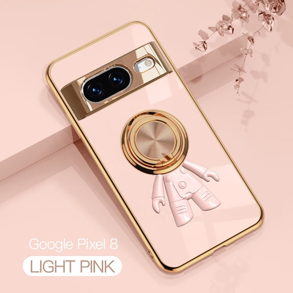 Slim Case for Google Pixel 8,Cute Cartoon 6D Plating Astronaut Hidden Magnetic Ring Kickstand Soft TPU Shockproof Corner Protection Drop Proof Electroplated Edge Bumper Cover,Lightpink