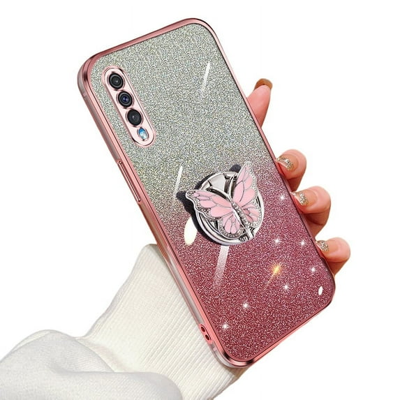 Slim Case for Samsung Galaxy A50 Cover Electroplated Silicone with Bling Butterfly Stand Phone Case for Samsung A50 with Glitter Card Protective Cover Compatible with Galaxy A50 Shell