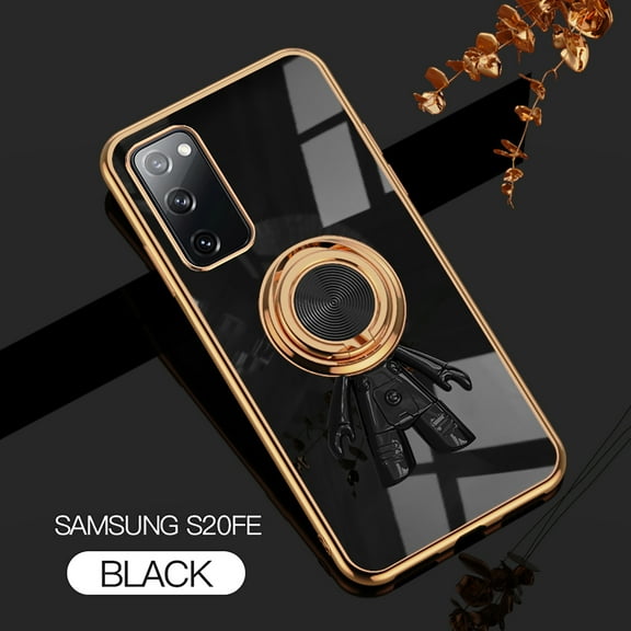 Slim Case for Samsung Galaxy S20 FE,Cute Cartoon 6D Plating Astronaut Hidden Magnetic Ring Kickstand Soft TPU Shockproof Corner Protection Drop Proof Electroplated Edge Bumper Cover,Black