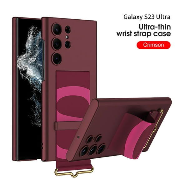 Slim Case for Samsung Galaxy S23 Ultra Faux Leather Wrist Strap Case, Rugged PC Shockproof Kickstand All-Inclusive Lens Protection Cover for Samsung Galaxy S23 Ultra, Red