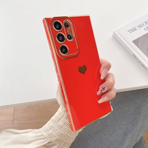 Slim Case for Samsung Galaxy S24 Ultra, Electroplated Hearts Pattern Thin Phone Cover for Women Girls, Shockproof Lens Protection Drop Resistant Case for Samsung Galaxy S24 Ultra, Red