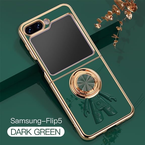 Slim Case for Samsung Galaxy Z Flip 5,Cute Cartoon 6D Plating Astronaut Hidden Magnetic Ring Kickstand Soft TPU Shockproof Corner Protection Drop Proof Electroplated Edge Bumper Cover,Darkgreen