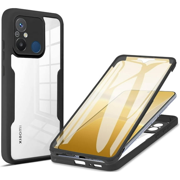 Slim Case for Xiaomi Redmi 12C with Screen Protector, Full Body Clear Soft TPU Rugged Bumper Case Shockproof Phone Cover for Xiaomi Redmi 12C QC Black